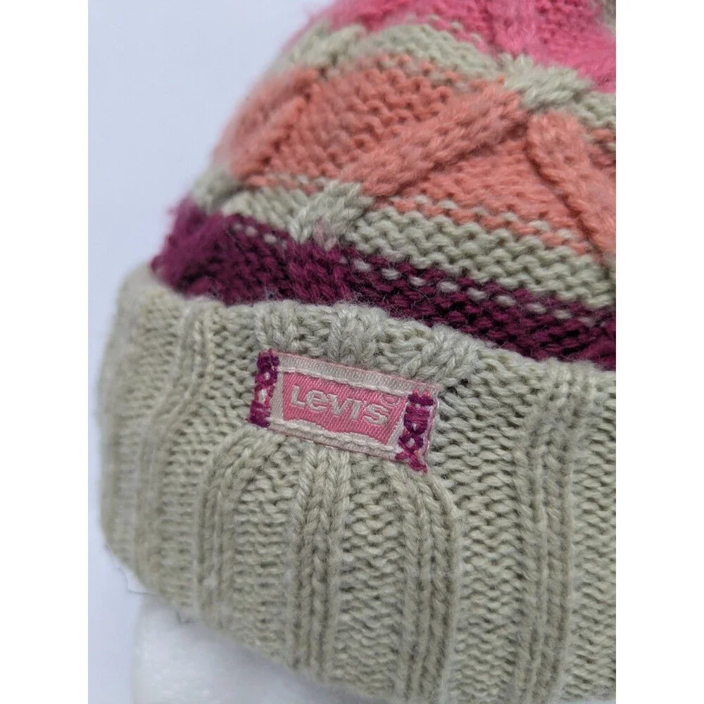 Levi's Beanie Hat Stripes Youth 7-16 Cable Knit Pinks & Beige Pom Pom Ribbed